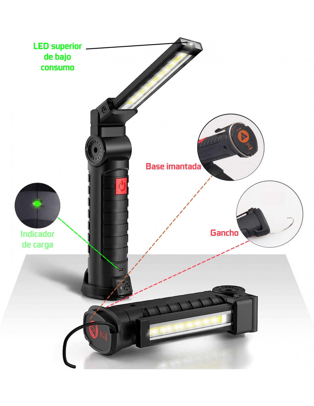 Lampara Linterna de Taller LED recargable USB con rotación 360°, Iman y 5  modos de luz