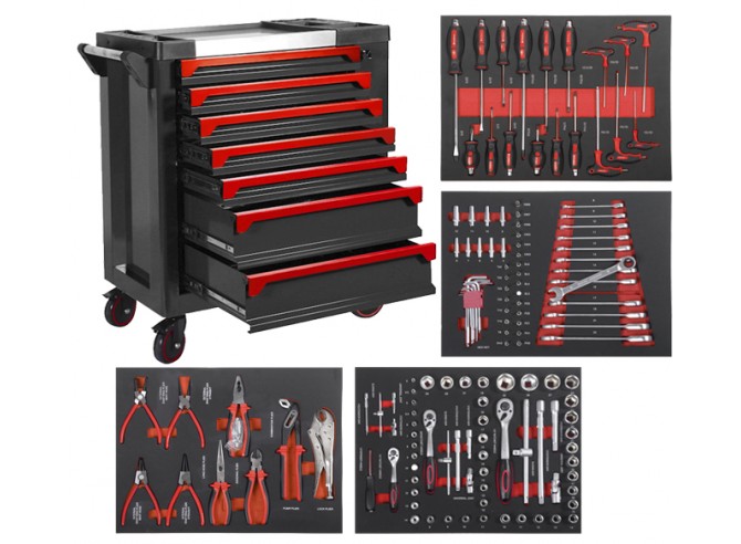 Carro de taller con herramientas, 7 cajones y 4 modulos en Fibra de  carbono, rojo